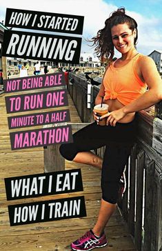 a woman leaning on a wooden fence with the words how i started running not being able to run one minute to half marathon