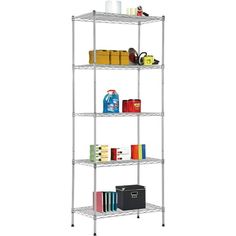 four tier shelving unit with various items on it