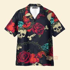 FamilyStore Vintage Black Skull Heart Rose Easy Care - Hawaiian Shirt Hawaiian Outfit Men, Hippie Jacket, Funny Hawaiian Shirts, Mens Summer Outfits, Heart Rose, Comfy Outfit, Vintage Hawaiian Shirts, Cool Hawaiian Shirts, Black Skull