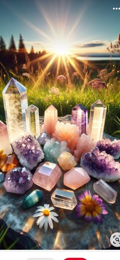 an image of crystals and flowers on a table with the sun setting in the background