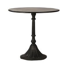 a round table with an iron base and black wood top, on a white background