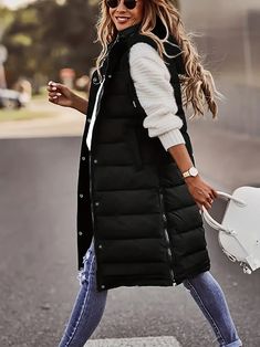 100% Polyester Casual Long Length Versatile Winter Warm Outerwear Cheap Hooded Vest For Fall, Winter Hooded Vest, Long Hooded Puffer Vest, Black Long Puffer Vest, Estilo Hipster, Vest Outfit, Sleeveless Outfit, Long Vest, Long Puffer