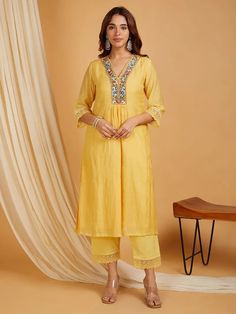 Buy Yellow Embroidered Chanderi Kurta with Pants- Set of 2 | HOG3117/VAS32SEP Indian Heritage, Kurta With Pants, Ethnic Wear, Dress Designs, Diwali, Loom, Trendy Outfits, Pants Set, New Dress