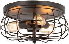 a light fixture with three lights in an industrial caged design, hanging from the ceiling