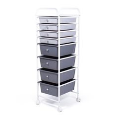 a white cart with five grey drawers on it