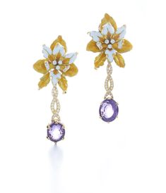 Orchid Earrings in Yellow Enamel & Amethyst | Over The Moon Orchid Earrings, Vs1 Diamond, David Webb, Moon Gifts, Upper East Side, Hammered Gold, Gold Work, East Side, Earrings Collection