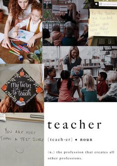 there is a collage of pictures with children and teachers in the middle one has writing on it