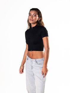 This high neck, zipper closure, short sleeve crop top is perfect for your yoga sessions. It offers comfort and flexibility while keeping you stylish. Made with quality materials, this crop top is designed to provide you with a comfortable and secure fit, allowing you to focus on your workout. Athleisure High Stretch Short Sleeve Crop Top, Versatile Stretch Crop Top With Short Sleeves, Versatile Stretch Short Sleeve Crop Top, Short Sleeve Crop Top For Yoga, Stretch Crop Top With Zipper Closure, Stretch Cropped Crop Top With Zipper Closure, Black Cropped Short Sleeve T-shirt Athleisure, Relaxed Fit Cropped Workout T-shirt With Short Sleeves, Black Activewear Crop Top With Built-in Bra