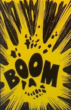 the word boom written in black and yellow on a comic book cover with an explosion