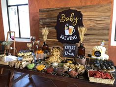 Nacho bar table setting Huggies And Chuggies Party Food, Diaper Keg Party Ideas Food, Baby Shower At Brewery, Baby Shower Nacho Bar, Baby Shower With Men And Women, Diaper Keg Party Decor, Daddy Shower Ideas, Something Is Brewing Baby Shower Theme, Baby And Brews Shower Ideas