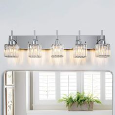 a bathroom vanity light with four lights and a potted plant in front of it