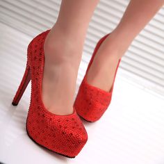 Silver Red Round Toe Platform Crystal Rhinestone High Heel Pumps - Uniqistic.com Diamond High Heels, High Heels For Prom, Wedding Shoes Platform, Shoes Glitter, Heels Prom, Rhinestone High Heels, Fun Heels, Prom Heels, Glitter Wedding