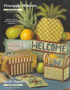 an advertisement for pineapple welcome with baskets and fruit