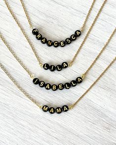 Letter Name Necklace Personalize your necklace with any inspirational, meaningful word or name. Made with black beaded acrylic gold letter beads attached to a gold stainless steel diamond cut chain in your choice of length. Choose as many letters you'd like at NO EXTRA CHARGE. Choose your chain length during checkout and please don't forget to let me know what letters you want your necklace to be made of. *Please note* Whatever the letters are, necklace will match whatever you send me, so please Word Necklace Ideas, Letter Beaded Necklace, Name Bead Necklace, Letter Beads Necklace, Letter Bead Necklace, Diy Name Necklace, Beaded Name Necklace, Necklace Name Design, Letter Name Necklace