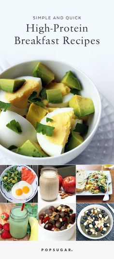 the cover of simple and quick high - protein breakfast recipes, with pictures of different foods