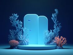 an open door surrounded by corals and other marine life on a blue background with neon lights