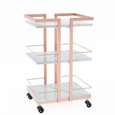 a pink and white cart with three shelves