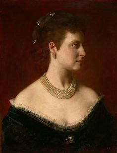 an oil painting of a woman in a black dress with pearls on her neck and necklace