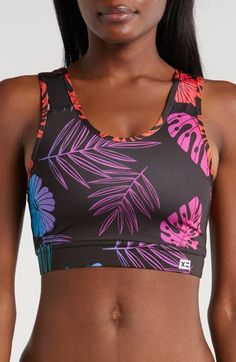 Take a swim or lounge around poolside in this sleek swim top designed with built-in UPF protection and quick-drying fabric. UPF 50+ sun protection   Lined   80% recycled polyester; 20% spandex   Hand wash, line dry   Imported Functional Swimwear With Built-in Bra For Beach, Multicolor Tropical Swimwear For Sports, Functional Nylon Sports Bra For Summer, Summer Sports Tops With Uv Protection, Casual Swimwear With Built-in Bra For Workout, Multicolor Summer Workout Swimwear, Functional Seamless Summer Swimwear, Multicolor Stretch Activewear Bra Friendly, Seamless Summer Activewear For The Beach