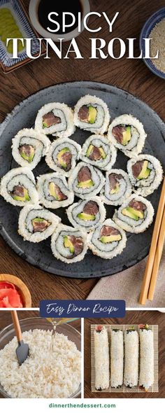 sushi rolls and rice on a plate with chopsticks next to it, in the