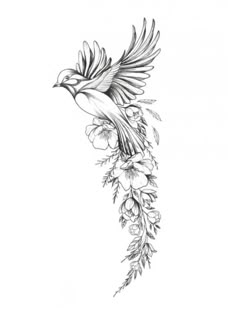 a black and white drawing of a bird with flowers on it's back side