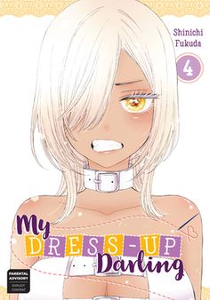 an anime character with blonde hair and yellow eyes, wearing a white bra top that says my dress - up daring