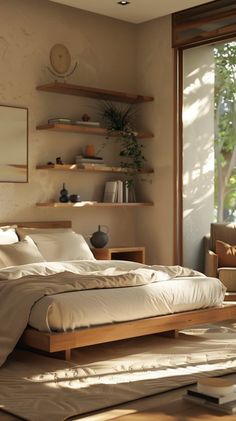 a bed sitting in a bedroom on top of a wooden floor next to a window