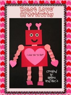 a valentine card with a robot holding a heart and the words robot love creativity written on it