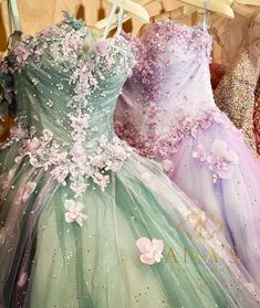 Pink And Green Dress Gowns, Enchanted Themed Dress, Green And Purple Quinceanera Dresses, Green And Pink Quinceanera Dresses, Purple And Green Quinceanera, Pink And Green Quinceanera Dress, Green And Purple Quince, Enchanted Forest Theme Quinceanera Dress, Lavender Quince Dress