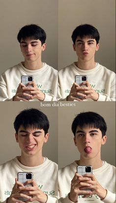 four pictures of a man taking a selfie with his cell phone and tongue sticking out