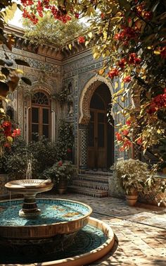 an outdoor fountain surrounded by potted plants and trees with red flowers in the foreground