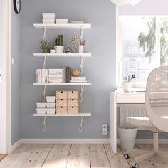 a white desk and some shelves in a room