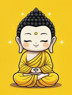 a little buddha sitting in the middle of a yellow background with stars on it's head