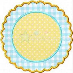 a blue and white checkered table cloth with a yellow plate in the shape of a circle