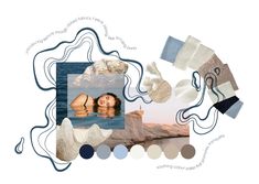 an artistic collage with different images and words on it, including two women in the water