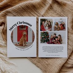 a christmas card with pictures of people and a dog on it, sitting next to a blanket