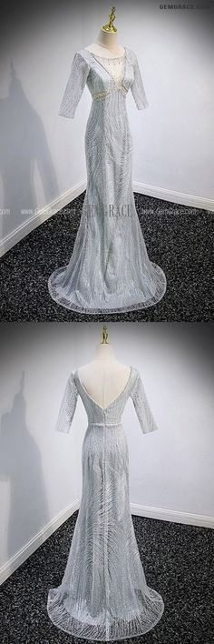 three different views of a dress on display