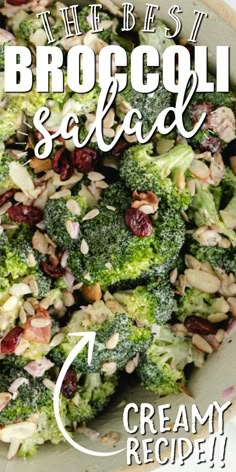 broccoli salad with cranberries and almonds in a bowl on a table