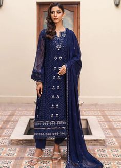 Hello, Hello Beauties! Jahan-Ara By Shamooz Embroidered Chiffon 3 Piece Dress Wedding Party Wear 3 Piece Stitched Suit with Full Sleeves lining included. New Jahan-Ara By Shamooz Luxury Embroidered Chiffon 3pc Stitched Colorful & Beautiful Collection is Here! Fabric Details: 3 piece Stitched Suit Color: Blue Details:  * 3mm Sequins with Hand Embellish Embroidered Chiffon Front * Embroidered Chiffon Back * Sequins with Embroidered Chiffon Sleeves * 3mm Sequins with Embroidered Chiffon L/R Side Panel * Double Front Border Lace with Organza * Single back Organza Lace  * Sequins Embroidered Chiffon Dupatta with One Side Border 2.5 Yard * Dyed Raw Silk Bottom * Inner Fabric Included STITCHED 3pc Suit Same As Look Like Model: Medium & Large Size Available Measurements Medium & Large Size: Chest Blue Sharara With Dabka For Navratri, Blue Festive Dupatta With Dabka Detail, Blue Dabka Sharara For Navratri, Blue Semi-stitched Kurta With Sheer Dupatta, Semi-stitched Blue Kurta With Sheer Dupatta, Navratri Blue Dupatta With Dabka Details, Semi-stitched Blue Sharara For Eid, Blue Unstitched Suit With Sheer Dupatta For Navratri, Blue Dabka Dupatta For Diwali