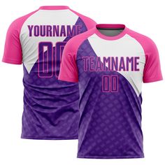 a purple and white soccer jersey with the number 00 on it, in front of a pink