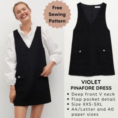 a women's pinafore dress sewing pattern with pockets and buttons on the front