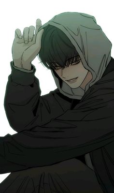 an anime character wearing a hooded jacket and holding his hand up to the side with both hands