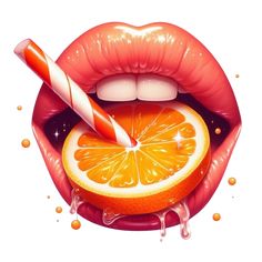 an orange slice with a candy cane sticking out of it's mouth, surrounded by bubbles