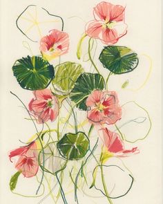 a drawing of pink flowers and green leaves