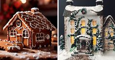 gingerbread houses are decorated with icing and christmas lights