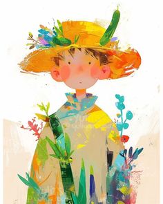 a painting of a child wearing a large hat with flowers on it's head