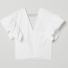 Blouse In A Cotton Weave With A Deep V-Neck Front And Back With A Horizontal, Contrasting Color Grosgrain Strap At The Back. Gently Dropped Shoulders, Short, Flounced Sleeves And A Straight-Cut Hem. White V-neck Top For Spring Workwear, Spring V-neck Top For Daywear, H&m V-neck Tops For Daywear, Elegant Cotton V-neck Blouse, Summer V-neck Top With Ruffles, Chic V-neck Blouse For Daywear, H&m Short Sleeve Work Tops, H&m Short Sleeve Tops For Work, Chic Cotton V-neck Top For Day Out