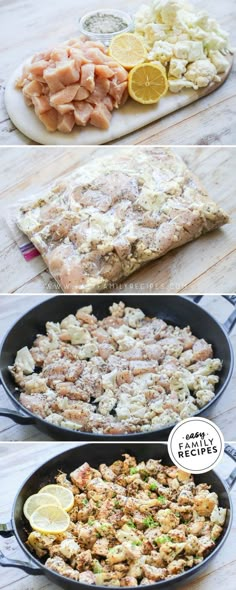 three different pans filled with food on top of a wooden table