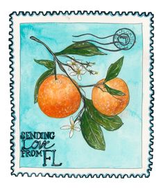 a stamp with two oranges on it, and the words sending love from l