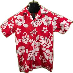 Red Hawaiian Button-up Shirt For Vacation, Red Collared Camp Shirt For Vacation, Red Collared Hawaiian Shirt For Beach, Red Floral Hawaiian Shirt For Spring, Red Floral Print Hawaiian Shirt For Spring, Red Collared Hawaiian Top, Red Hawaiian Shirt For Spring Vacation, Red Hawaiian Shirt With Camp Collar For Spring, Red Collared Beach Shirt